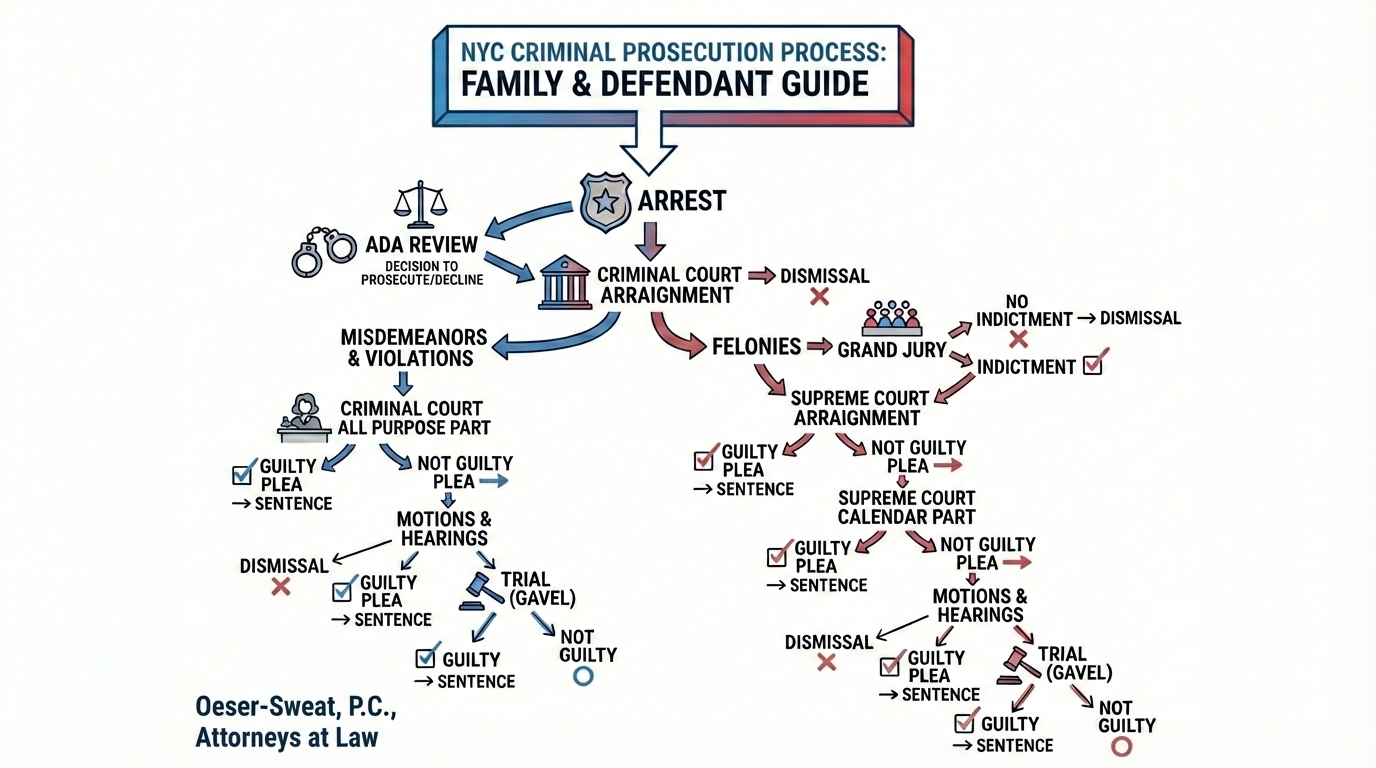 Infographic: Oeser-Sweat P.C. Criminal Prosecution Process. Detailed text description below.