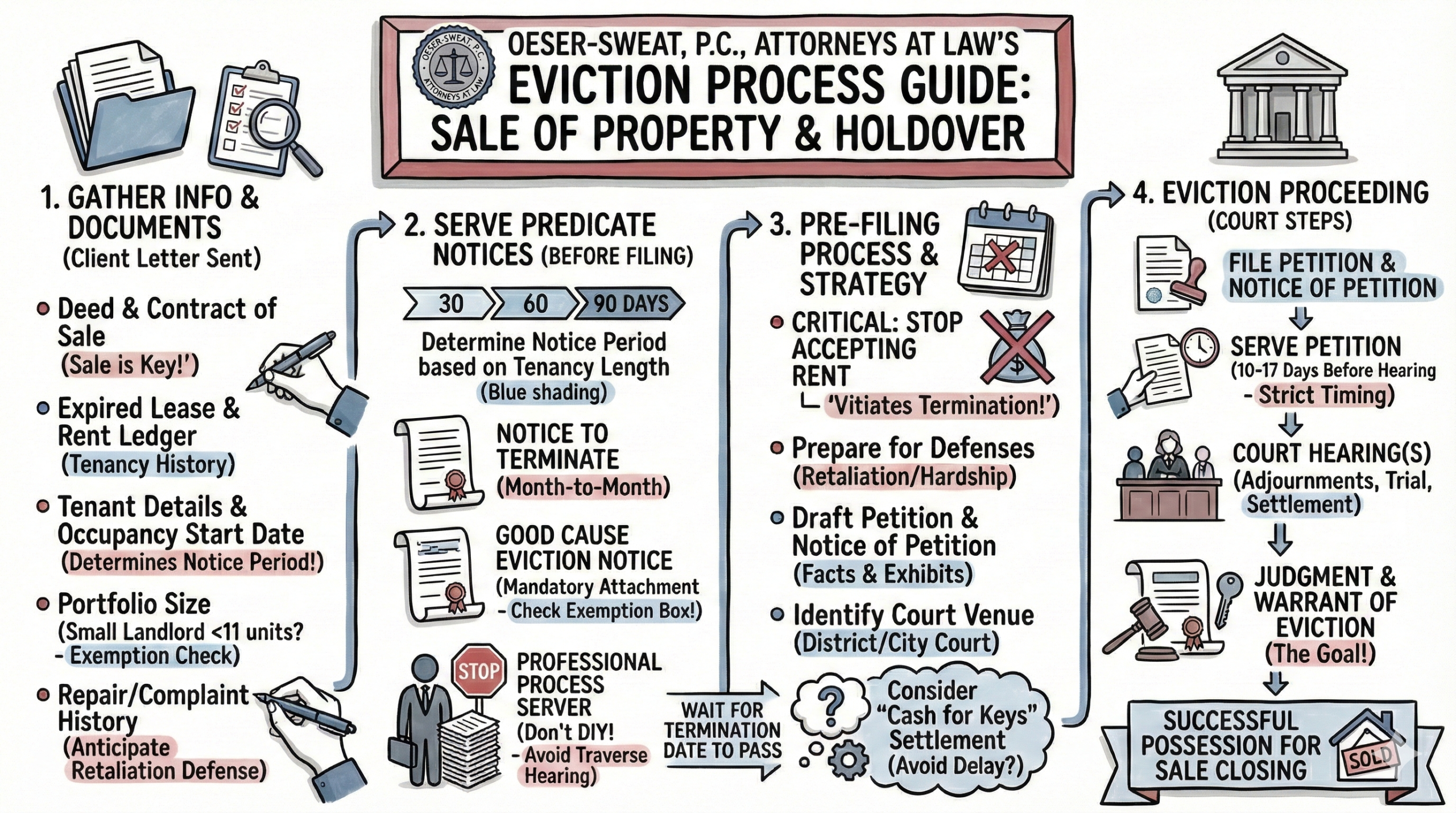 Infographic: Oeser-Sweat P.C. Eviction Process Guide for Sale of Property & Holdover. Detailed text description below.